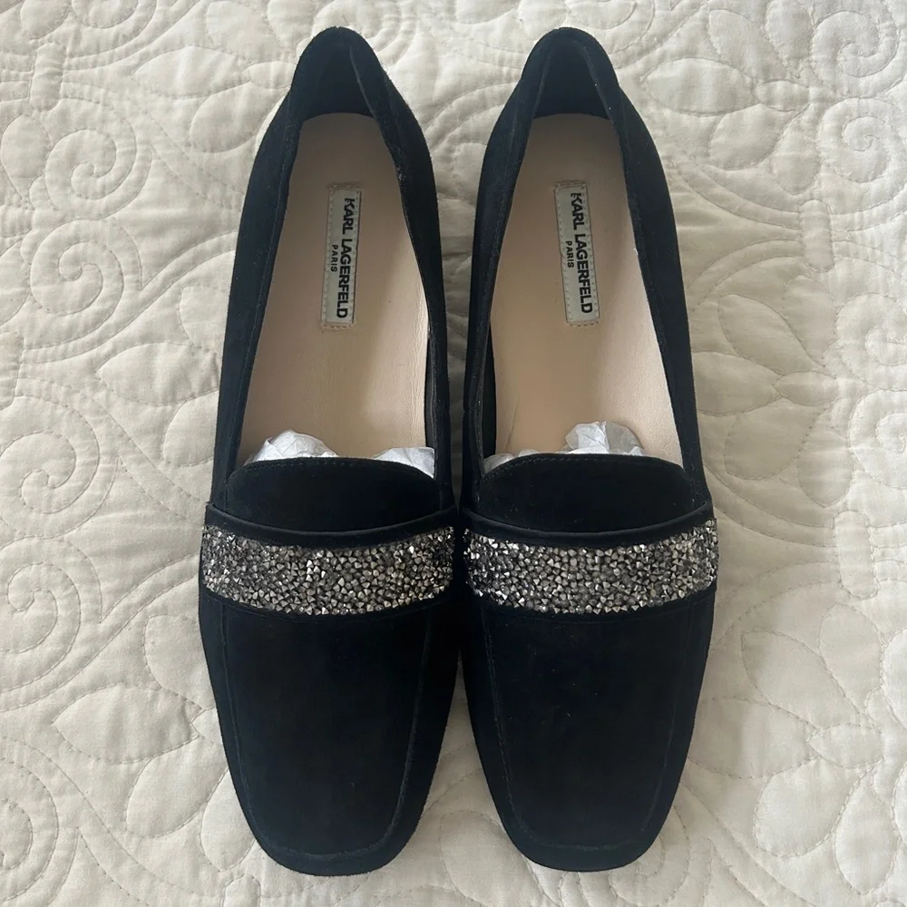 New Karl Lagerfeld Shoes Paris Quincy Black Suede Dress Loafers NWOT